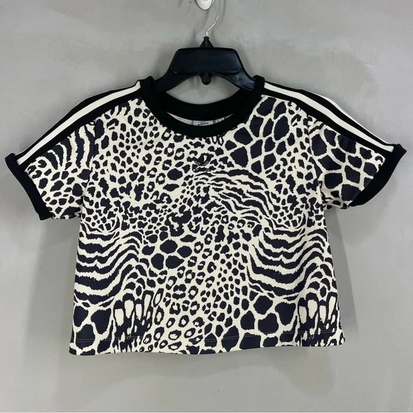 Adidas Women Crop Top Size XS Animal
Print 3 Stripes Short Sleeve Crew Neck - Picture 2 of 9